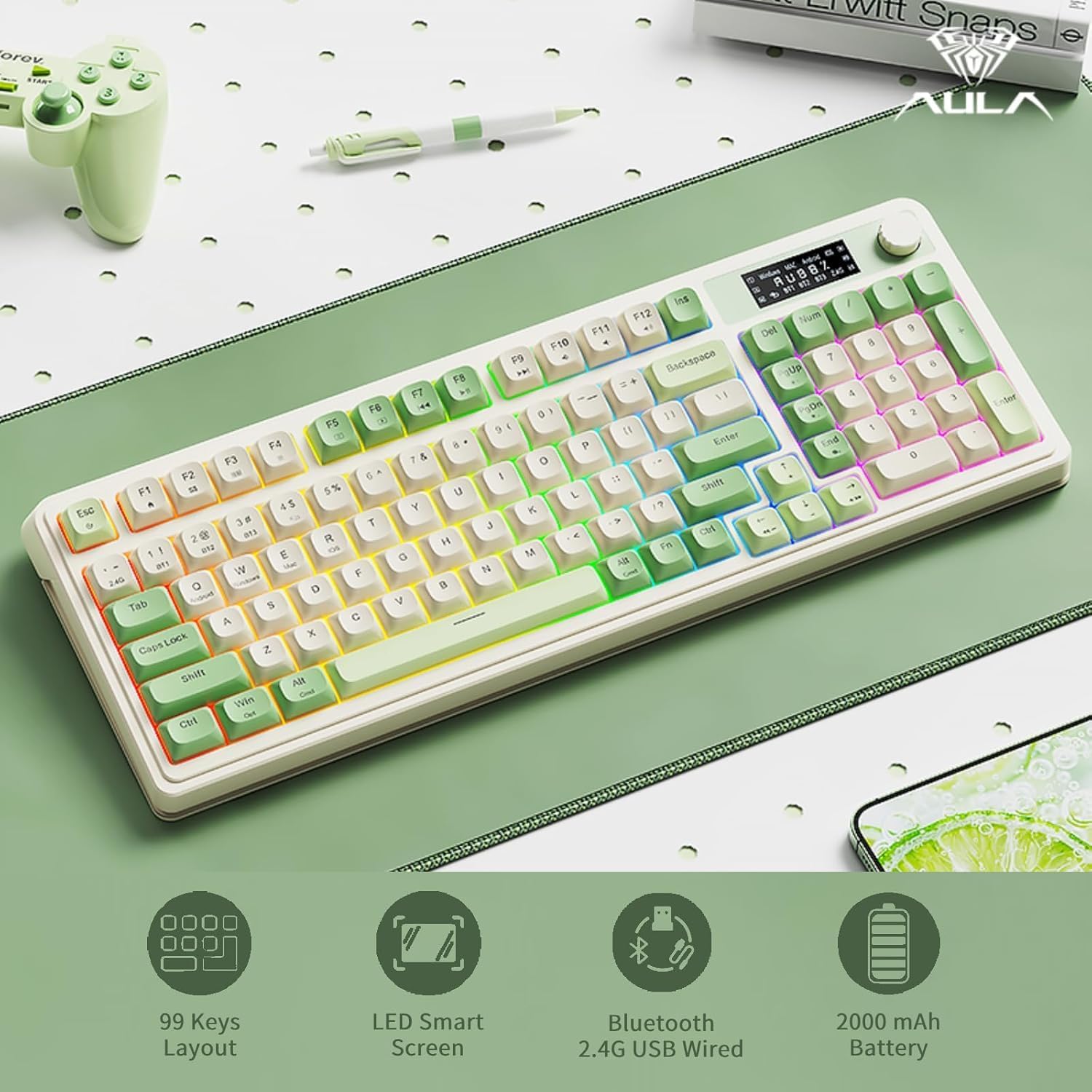 Mechanical keyboard with green and white keys on a white background
