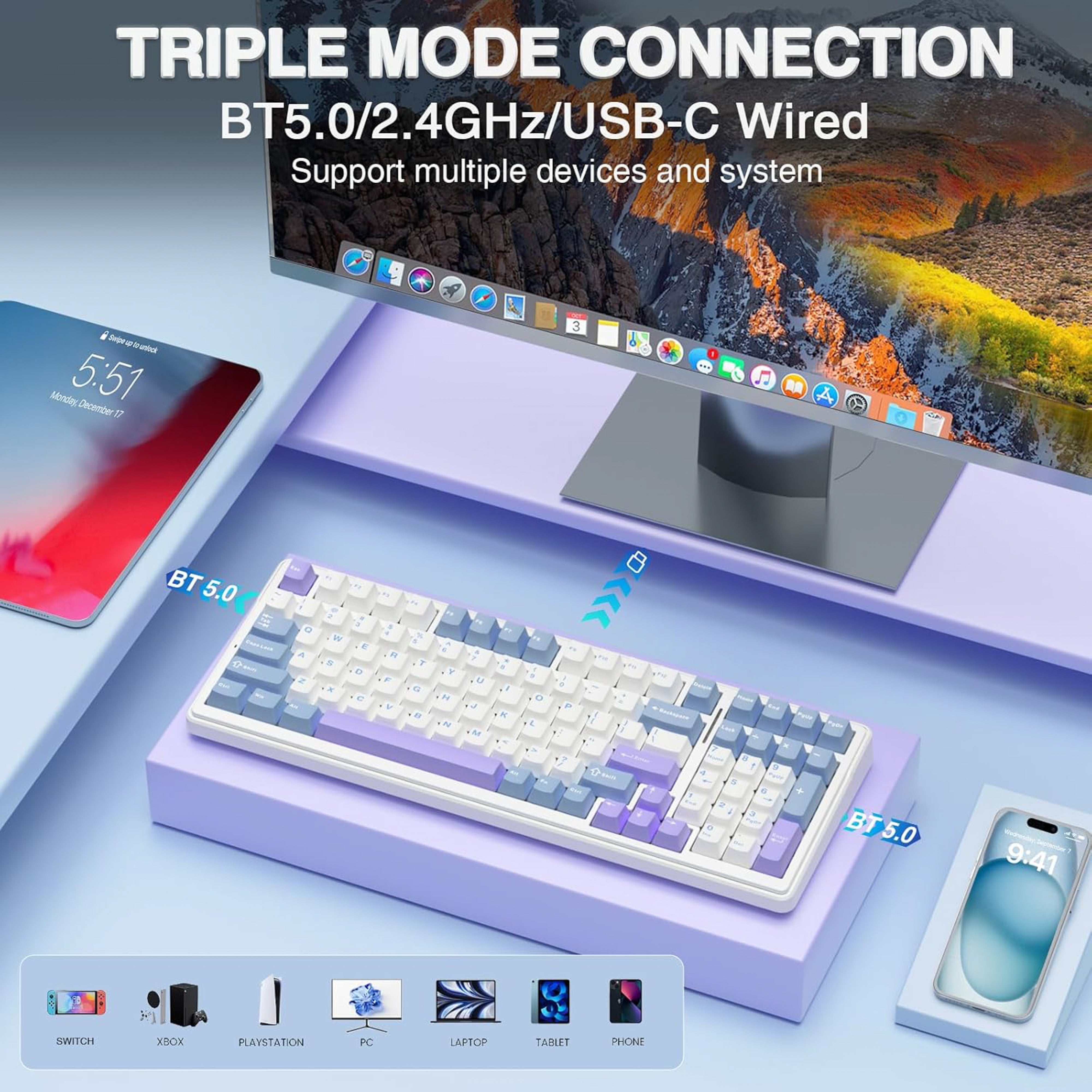 Keyboard with blue and purple keycaps on a white background