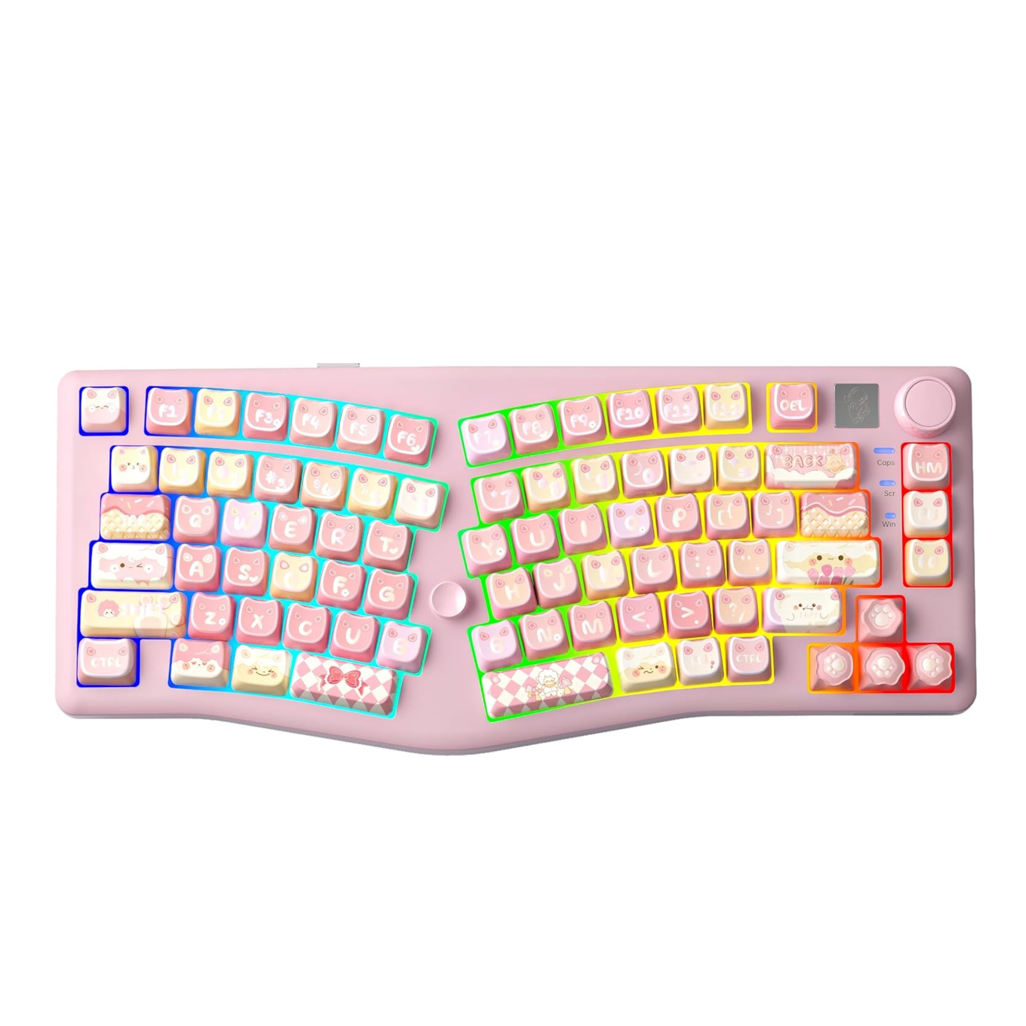 Colorful keyboard with a unique design on a pink background
