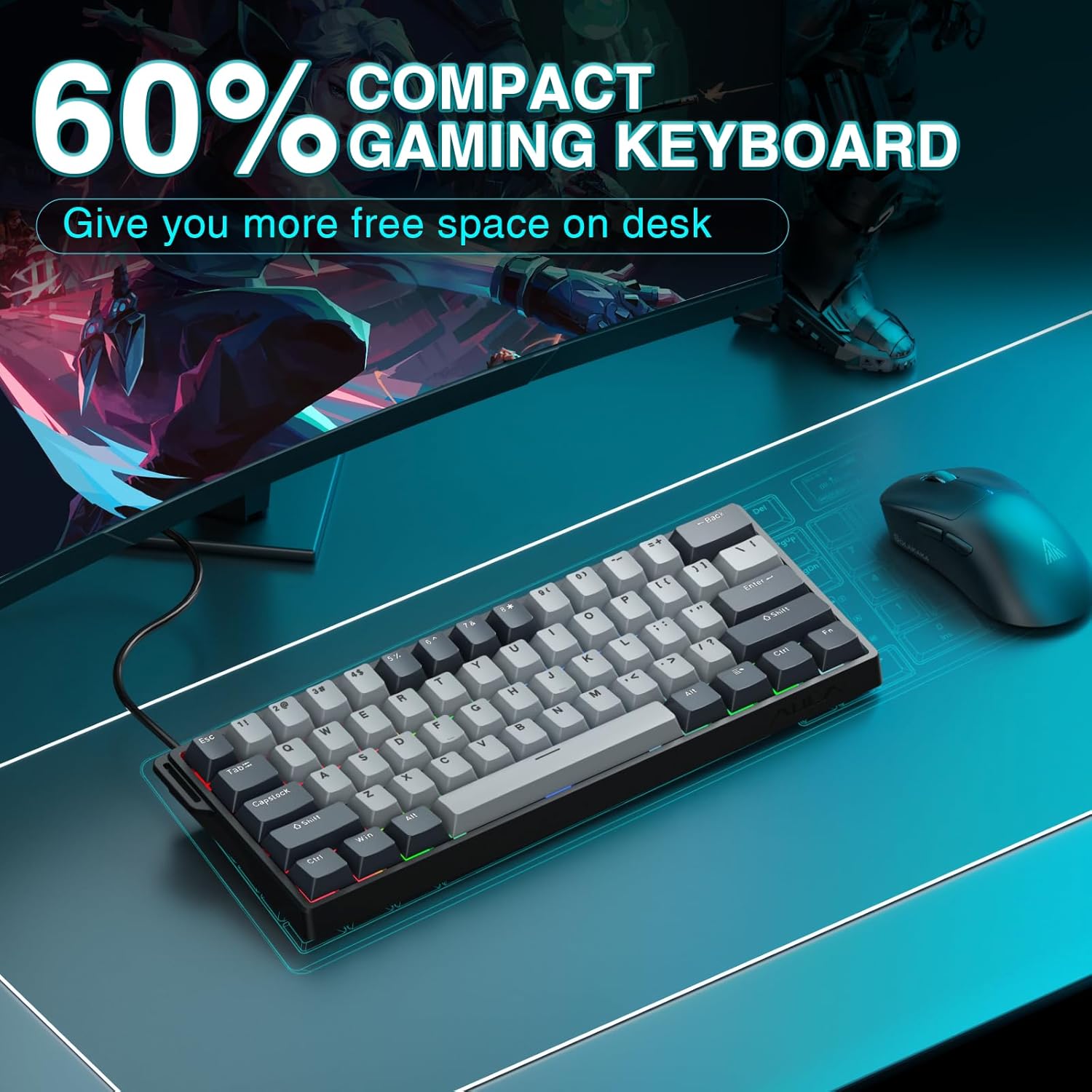 Black mechanical keyboard with black and grey keys.
