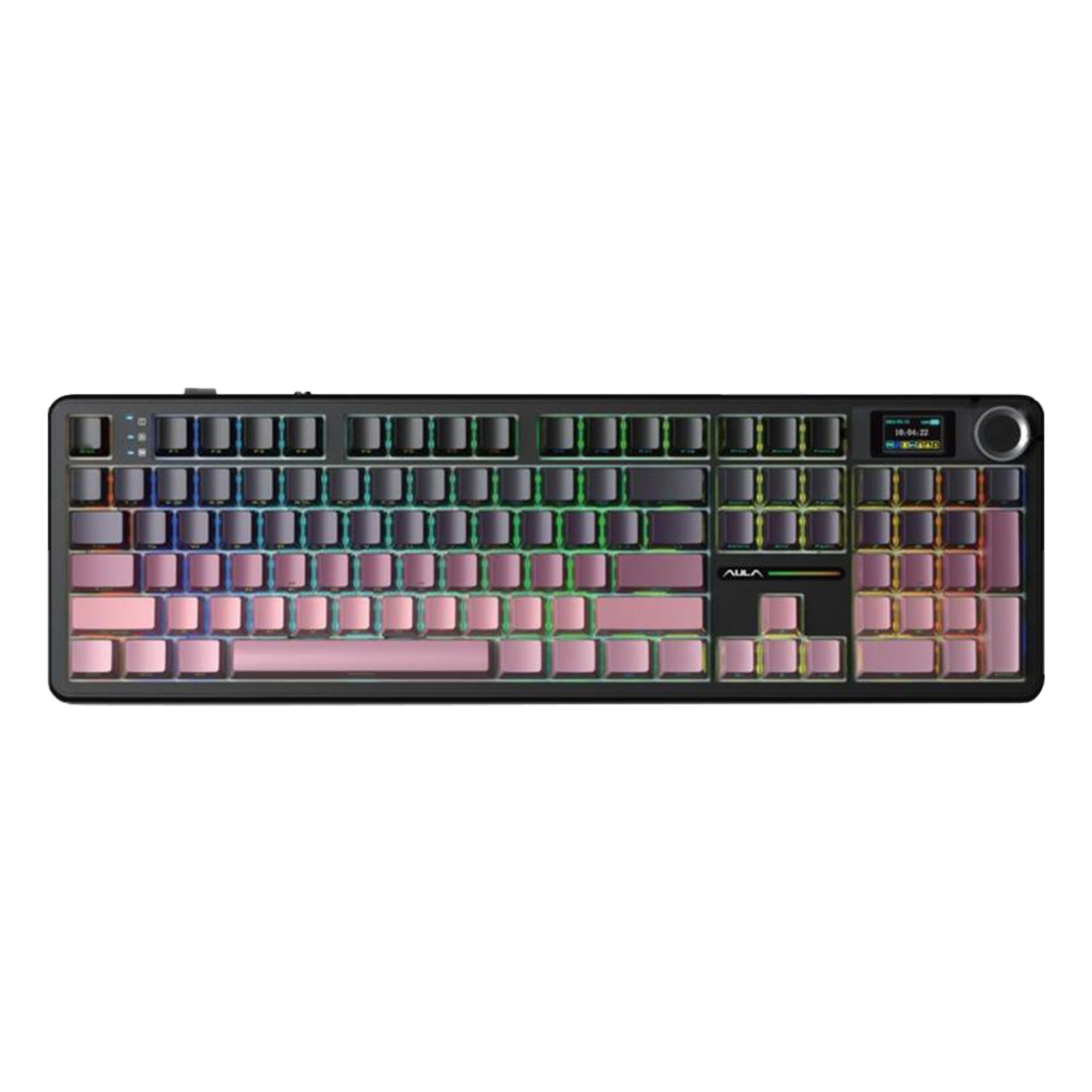 Mechanical keyboard with RGB lighting on a white background
