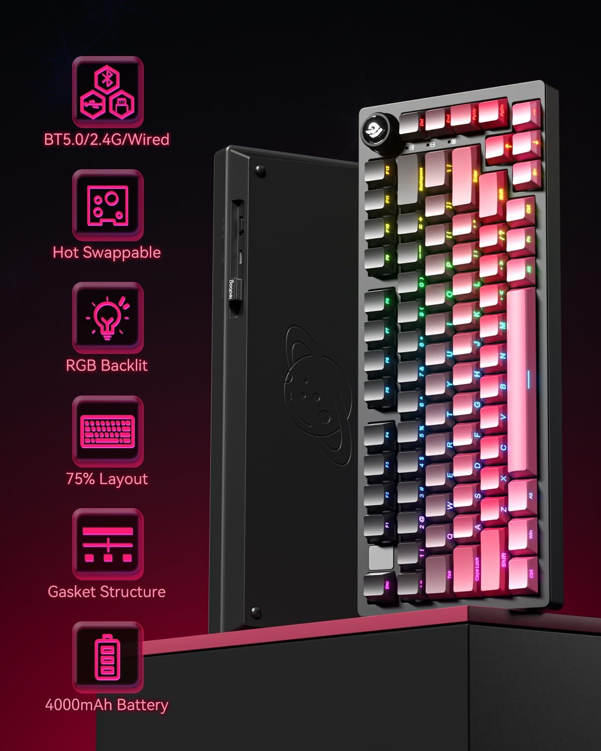 Keyboard with gradient pink, purple and gray keys on a white background
