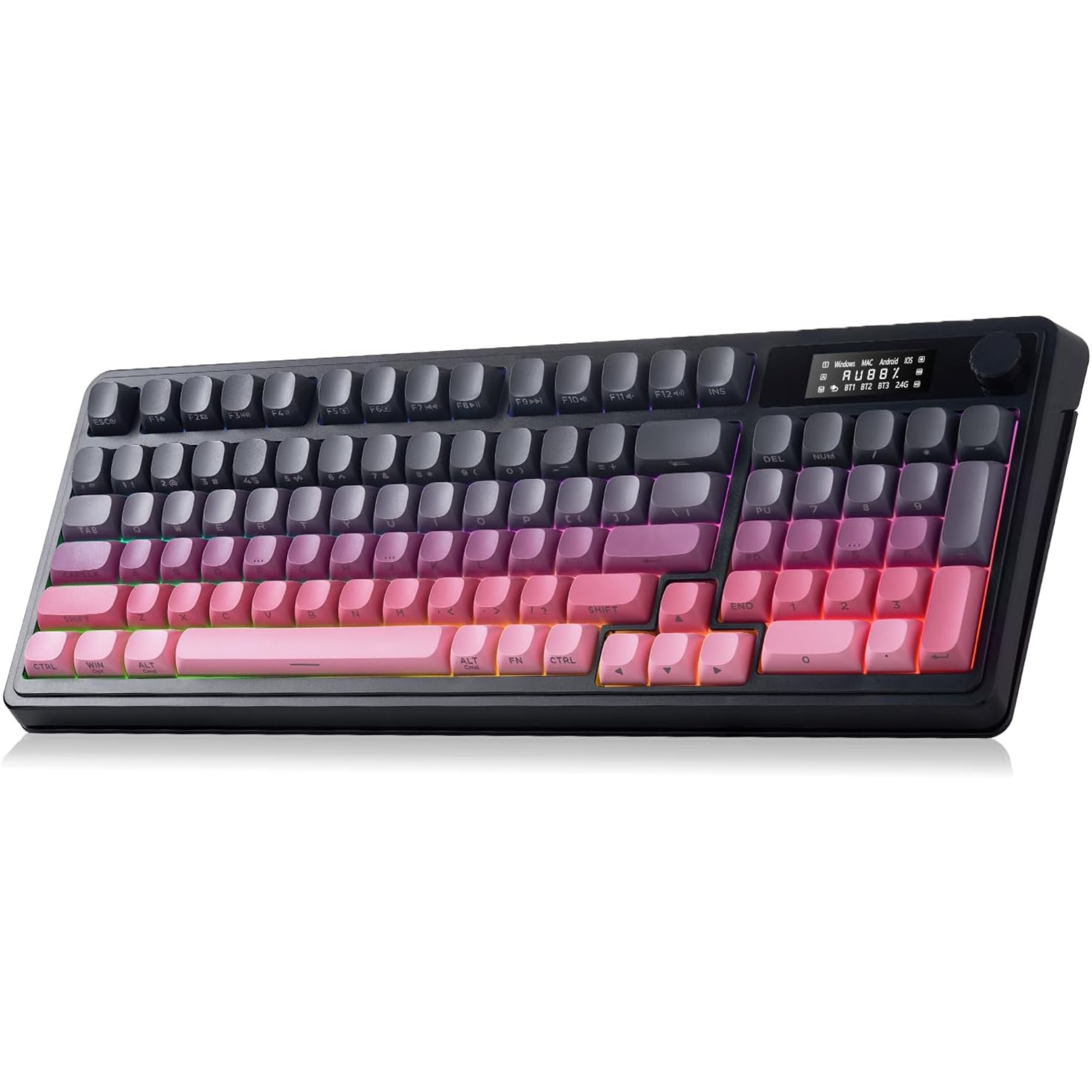 Mechanical keyboard with pink and gray keys on a black keyboard frame

