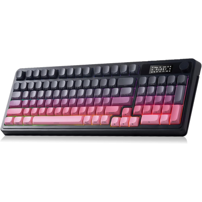 Mechanical keyboard with pink and gray keys on a black keyboard frame

