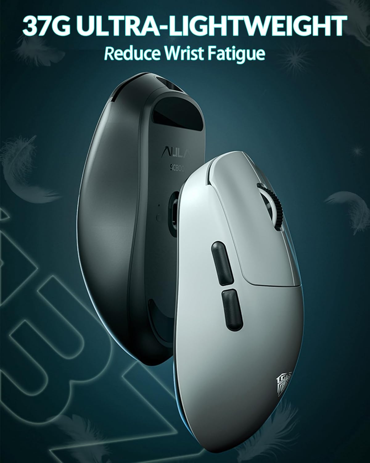 Two computer mice with text highlighting weight reduction and fatigue relief