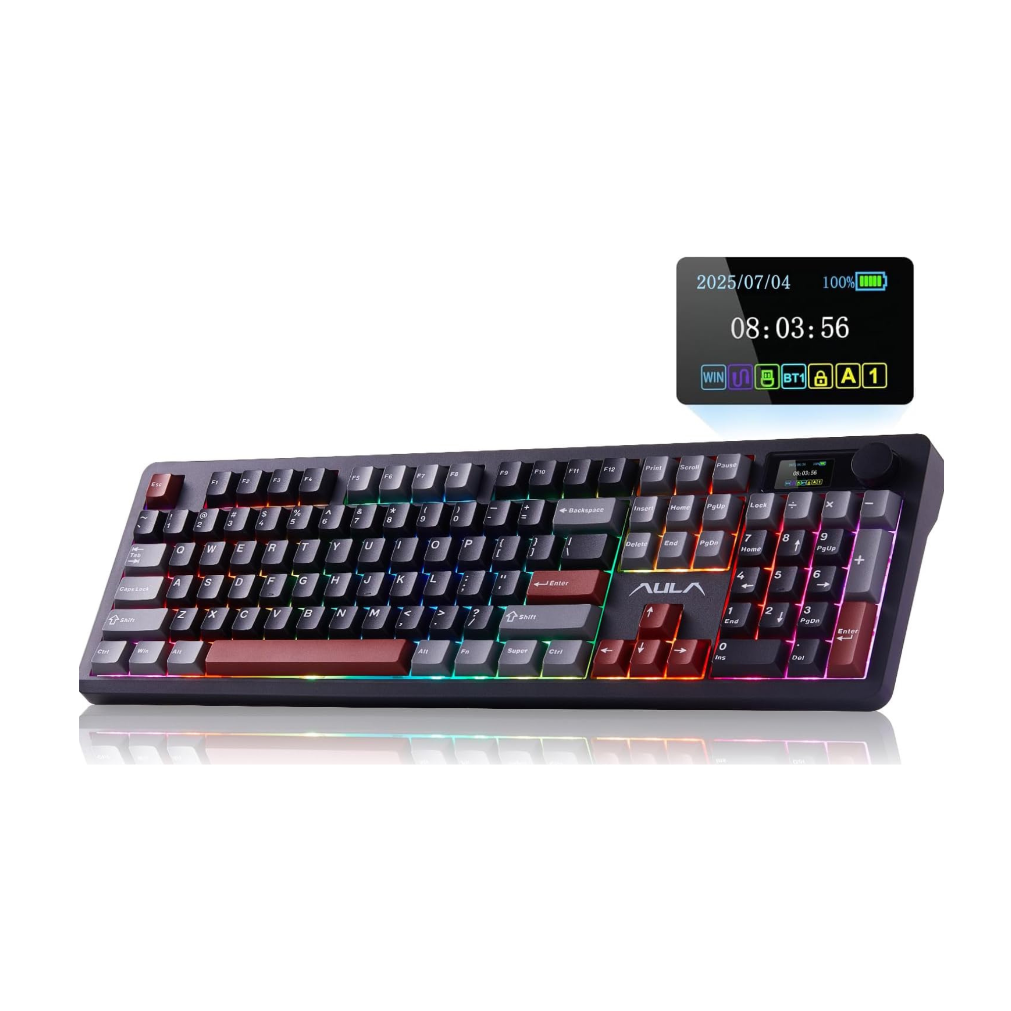 Mechanical keyboard with RGB lighting on a white background

