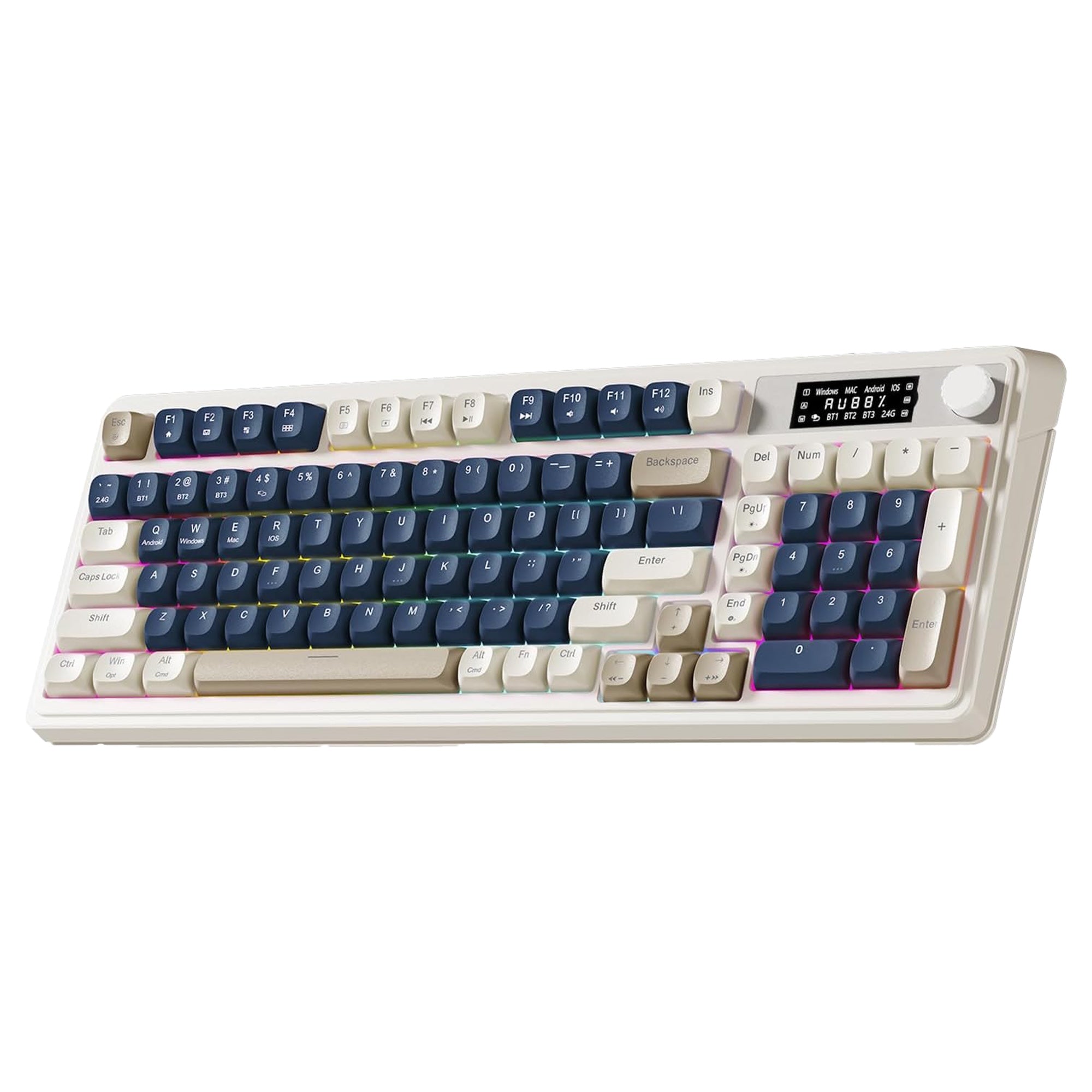 Mechanical keyboard with blue and white keys on a white background
